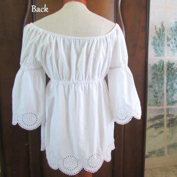 EMPIRE WAIST TOP, 10, WHITE COTTON EYELET, BELL SLEEVES, ON or OFF-SHOULDERRRRRR - Picture 5 of 6